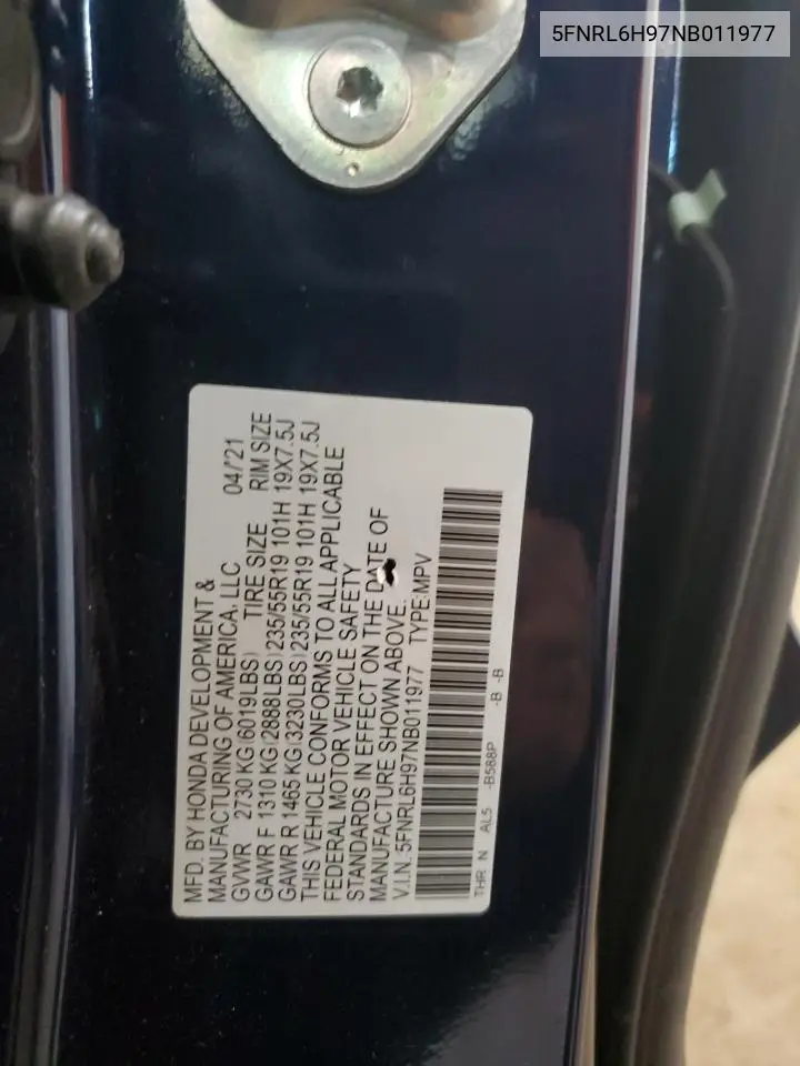 2022 Honda Odyssey Elite VIN: 5FNRL6H97NB011977 Lot: 56356345