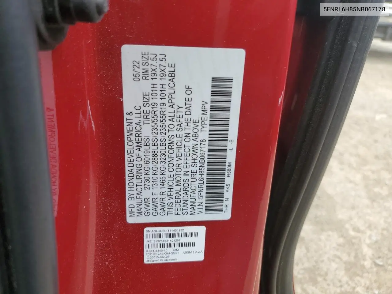 2022 Honda Odyssey Touring VIN: 5FNRL6H85NB067178 Lot: 56577315
