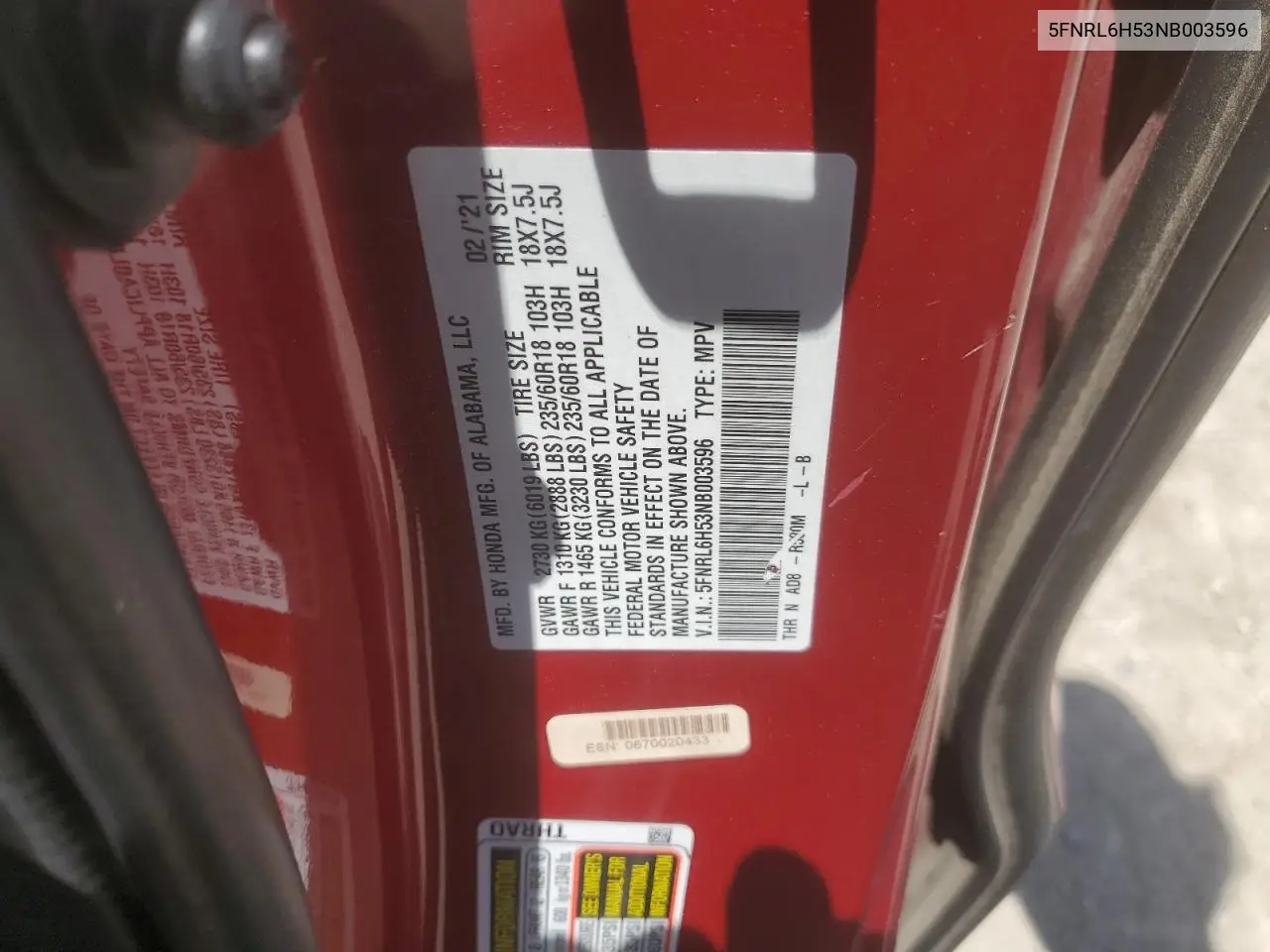 2022 Honda Odyssey Ex VIN: 5FNRL6H53NB003596 Lot: 61576055
