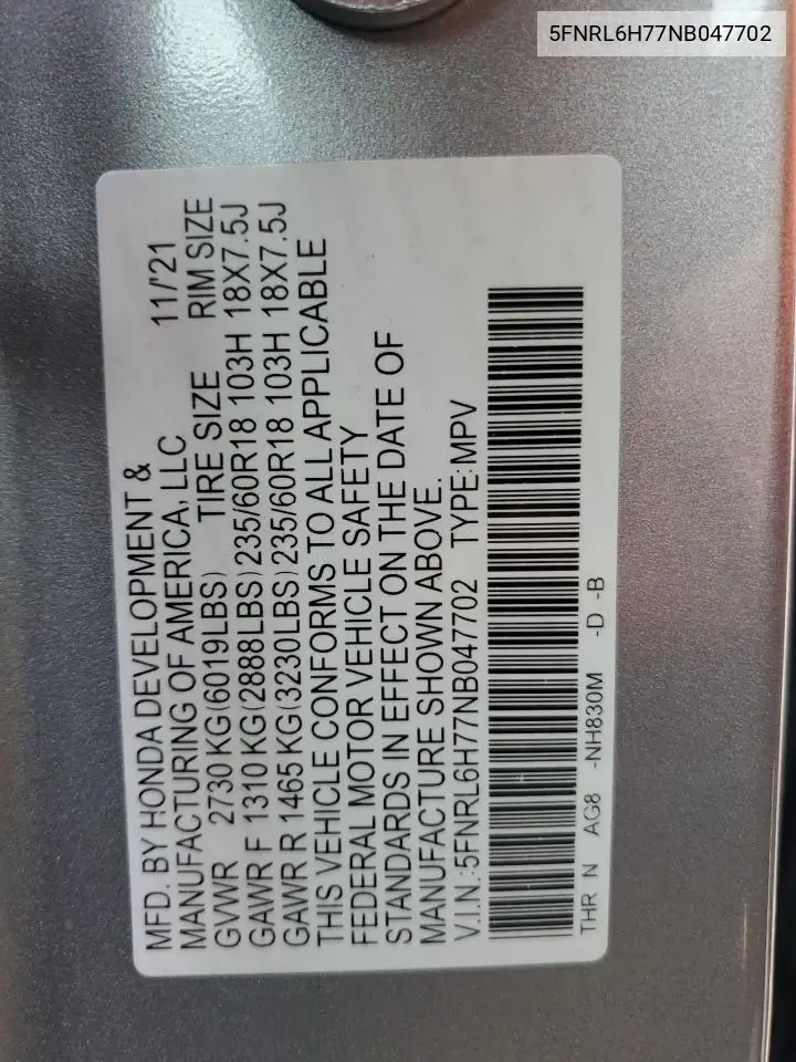 2022 Honda Odyssey Exl VIN: 5FNRL6H77NB047702 Lot: 61781505