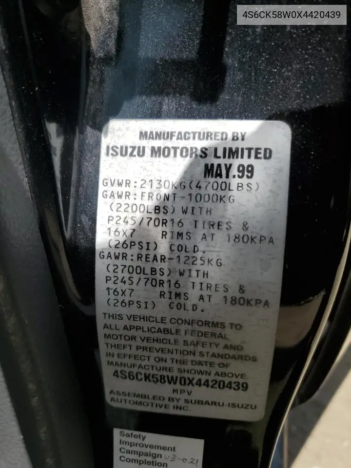 1999 Honda Passport Ex VIN: 4S6CK58W0X4420439 Lot: 61283685