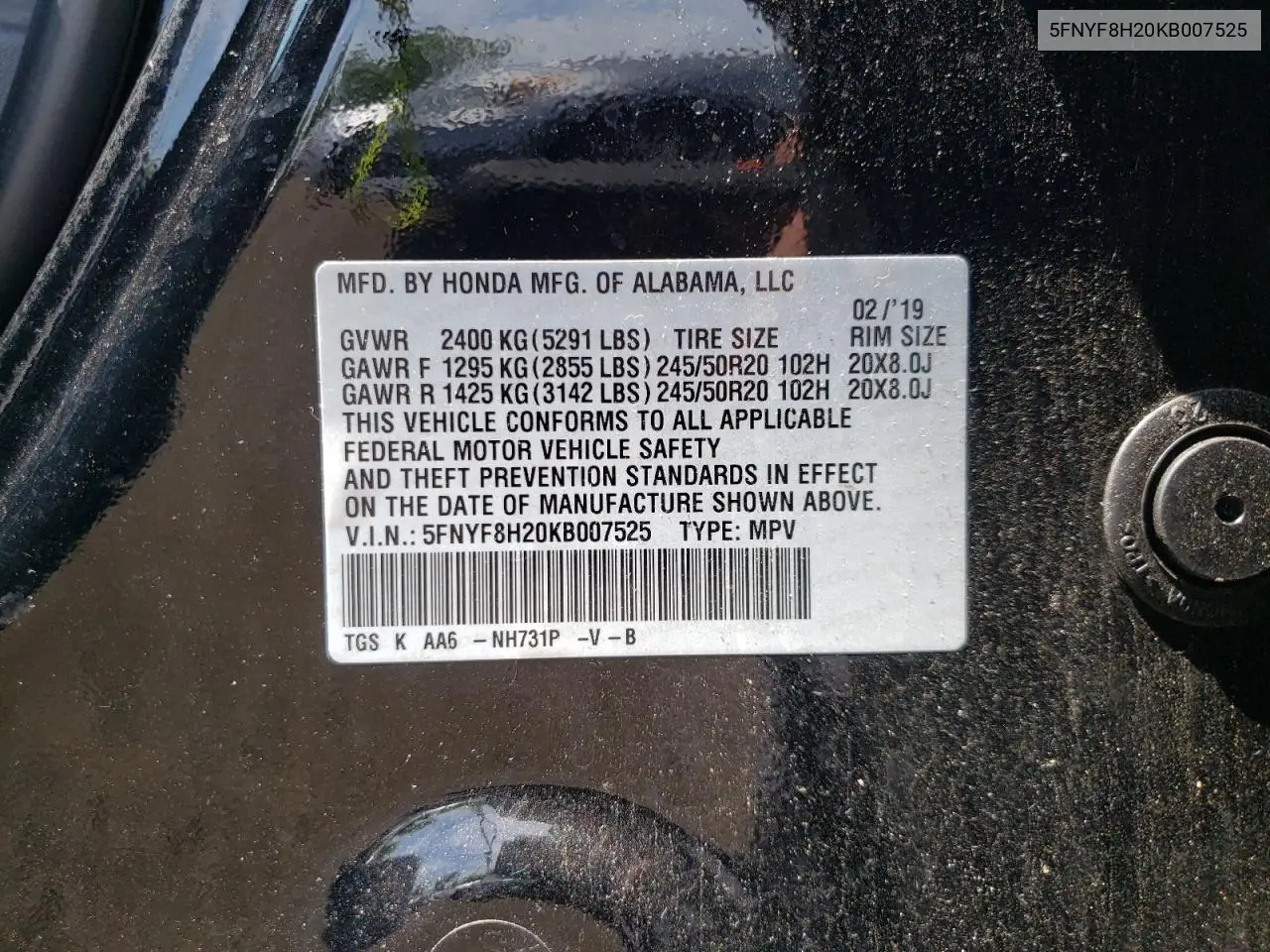 2019 Honda Passport Sport VIN: 5FNYF8H20KB007525 Lot: 62453225