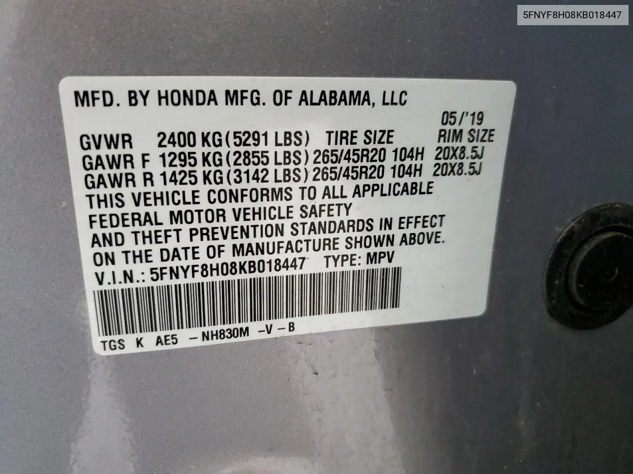 2019 Honda Passport Elite VIN: 5FNYF8H08KB018447 Lot: 64009195