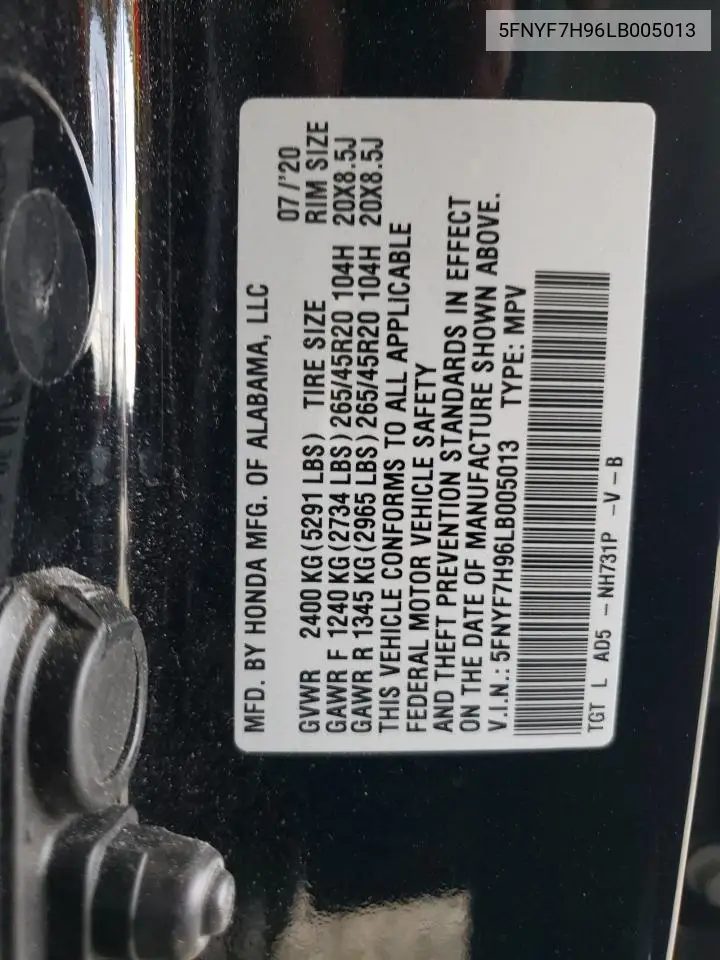 2020 Honda Passport Touring VIN: 5FNYF7H96LB005013 Lot: 61813485