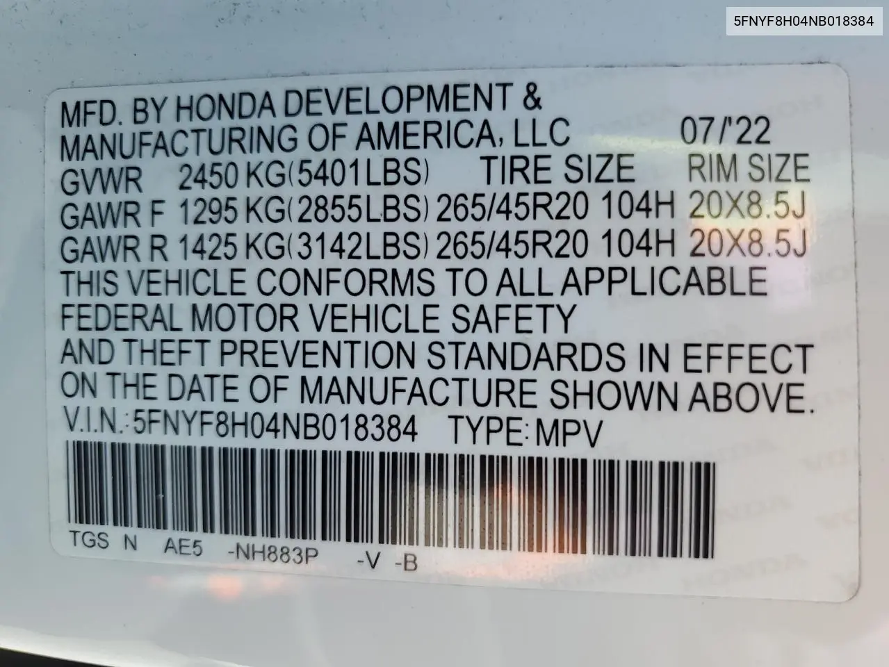 2022 Honda Passport Elite VIN: 5FNYF8H04NB018384 Lot: 60170305