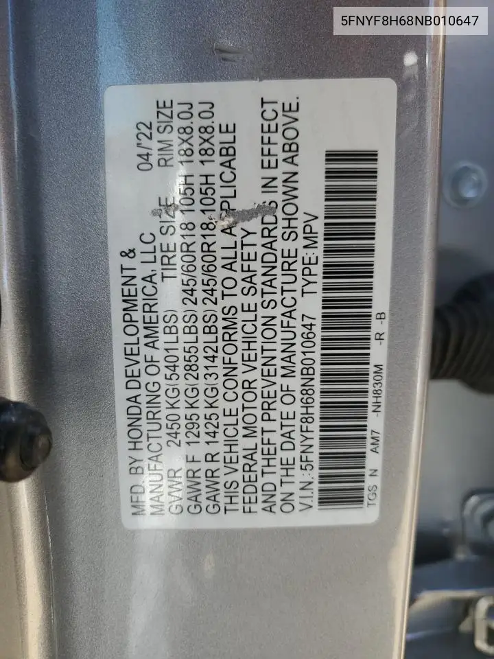 2022 Honda Passport Trail Sport VIN: 5FNYF8H68NB010647 Lot: 61603955