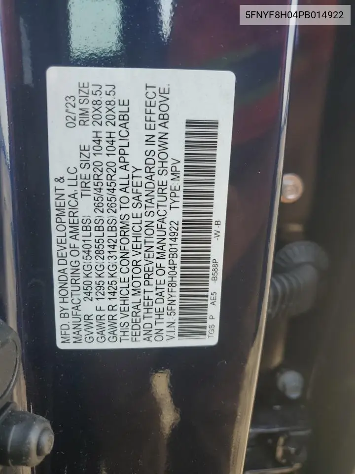 2023 Honda Passport Elite VIN: 5FNYF8H04PB014922 Lot: 56126575