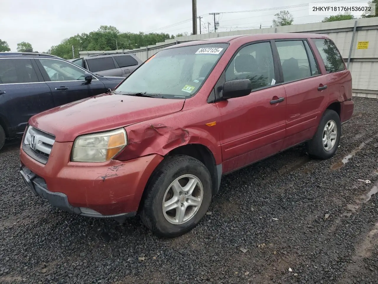 2006 Honda Pilot Lx VIN: 2HKYF18176H536072 Lot: 56572125