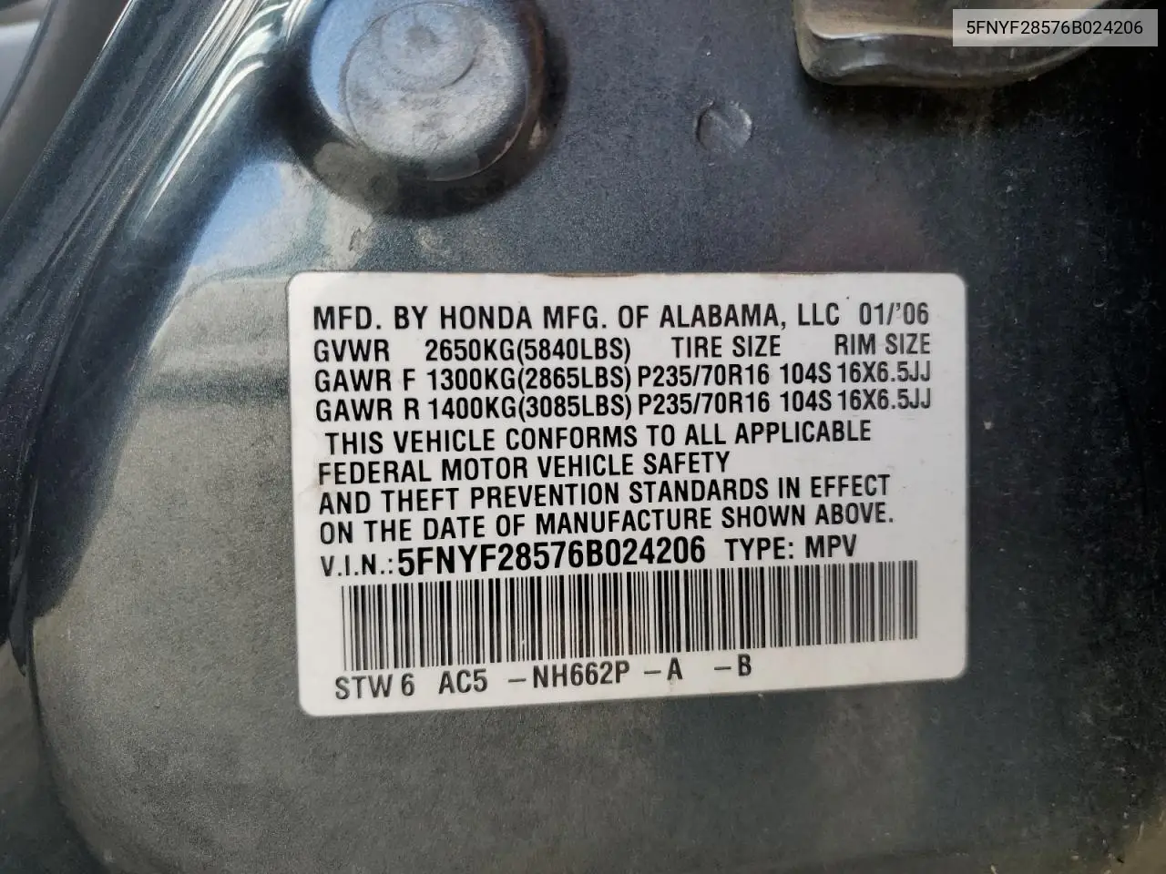 5fnyf28576b024206 5FNYF28576B024206 2006 Honda Pilot Ex