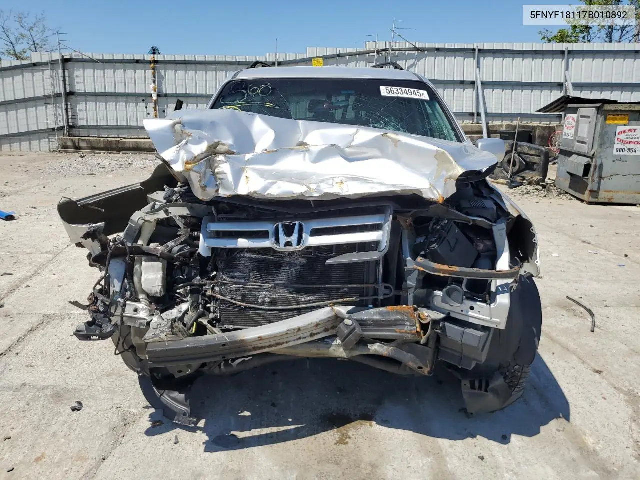 2007 Honda Pilot Lx VIN: 5FNYF18117B010892 Lot: 56334945