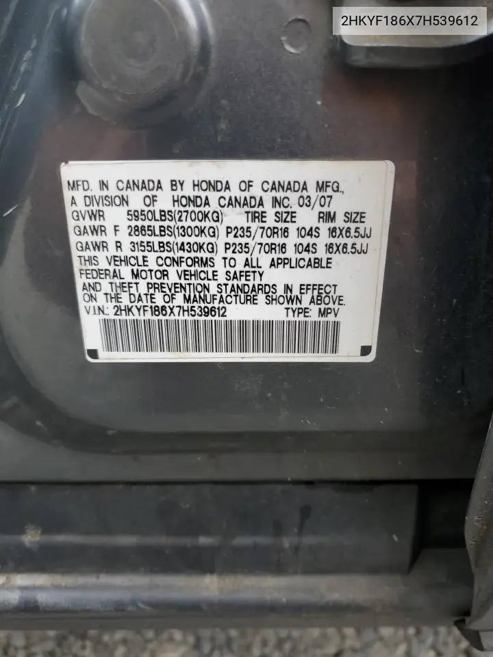 2007 Honda Pilot Exl VIN: 2HKYF186X7H539612 Lot: 62727095
