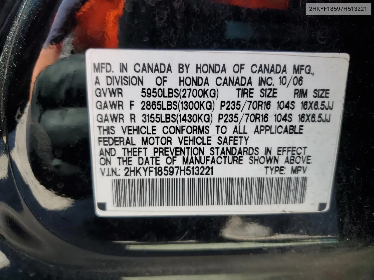 2007 Honda Pilot Exl VIN: 2HKYF18597H513221 Lot: 63090895