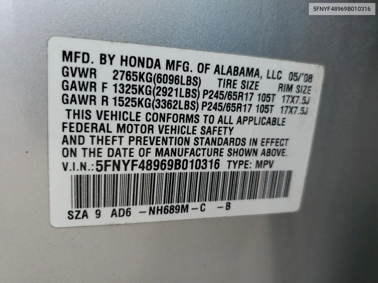 2009 Honda Pilot Touring VIN: 5FNYF48969B010316 Lot: 62401625