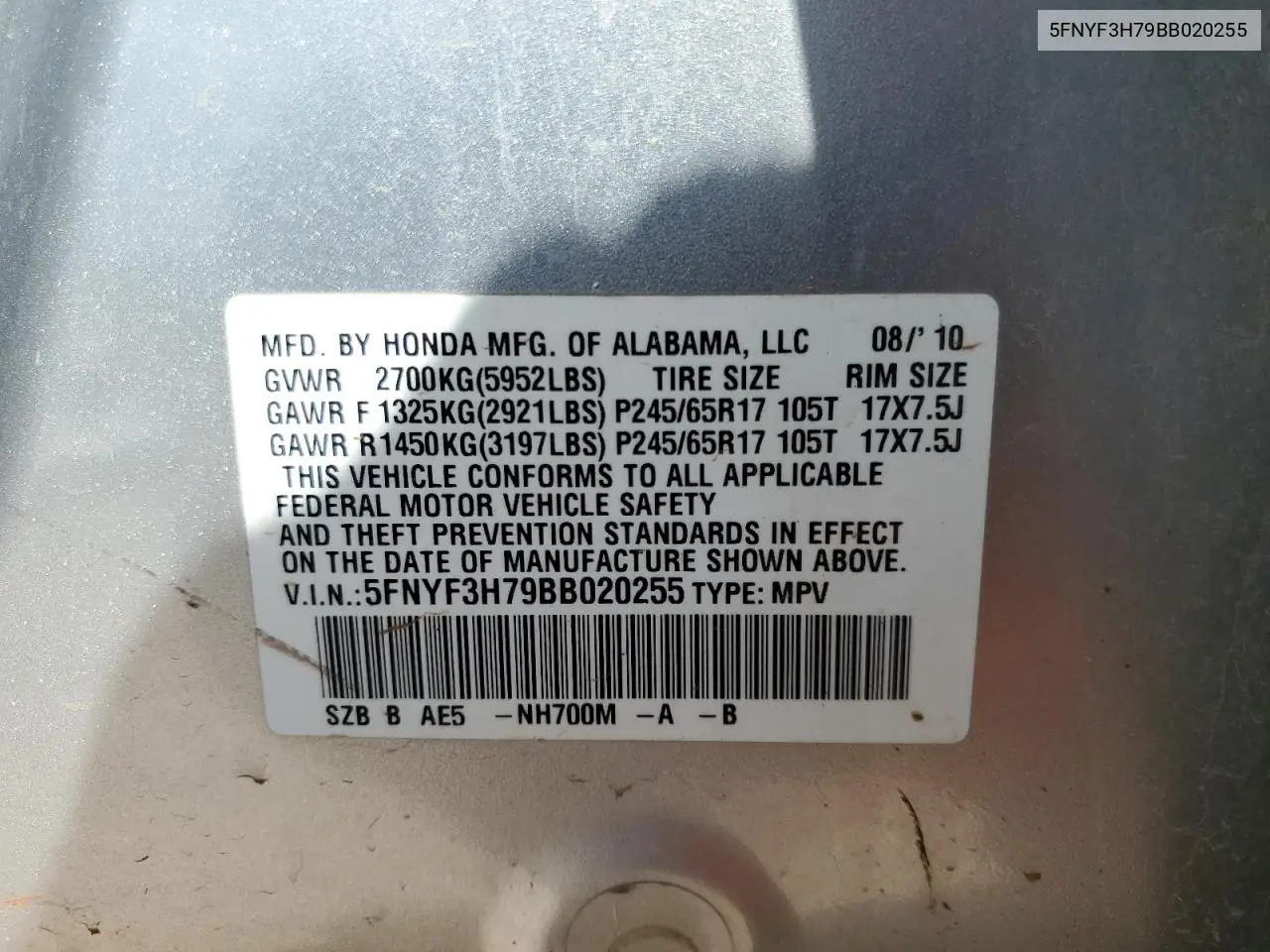 5fnyf3h79bb020255 5FNYF3H79BB020255 2011 Honda Pilot Exln