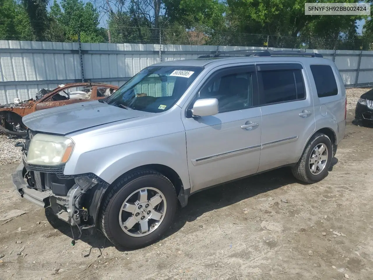 2011 Honda Pilot Touring VIN: 5FNYF3H92BB002424 Lot: 56396085