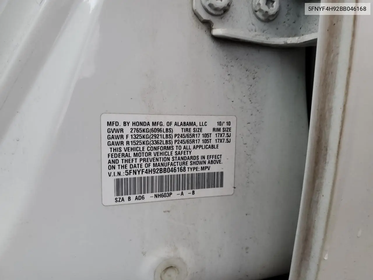 5fnyf4h92bb046168 5FNYF4H92BB046168 2011 Honda Pilot Touring