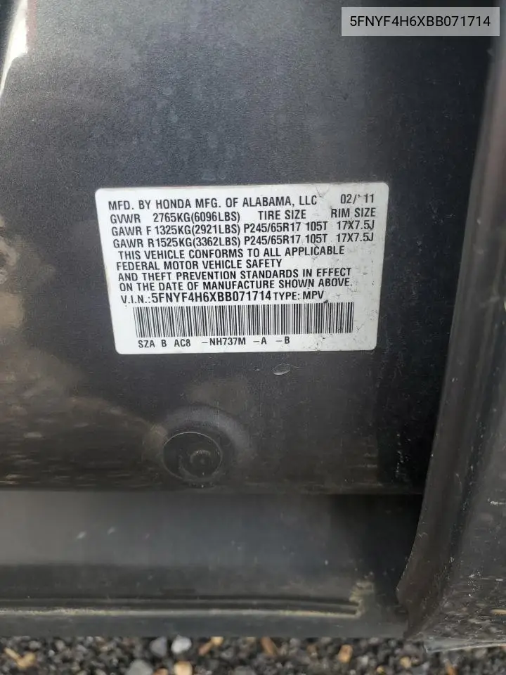 2011 Honda Pilot Exl VIN: 5FNYF4H6XBB071714 Lot: 59810875