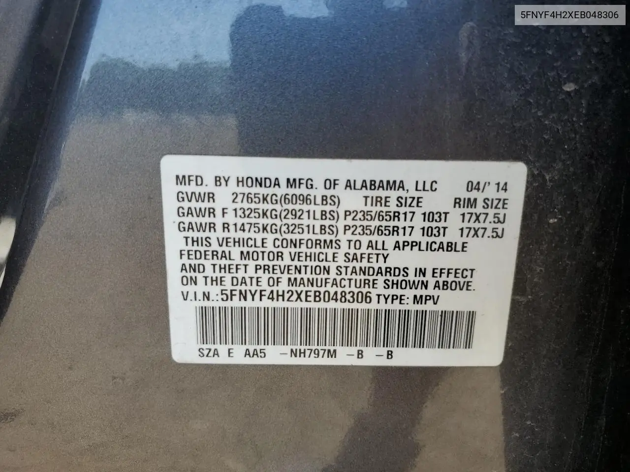 2014 Honda Pilot Lx VIN: 5FNYF4H2XEB048306 Lot: 61912675
