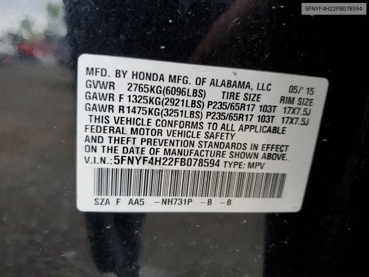 2015 Honda Pilot Lx VIN: 5FNYF4H22FB078594 Lot: 56546155
