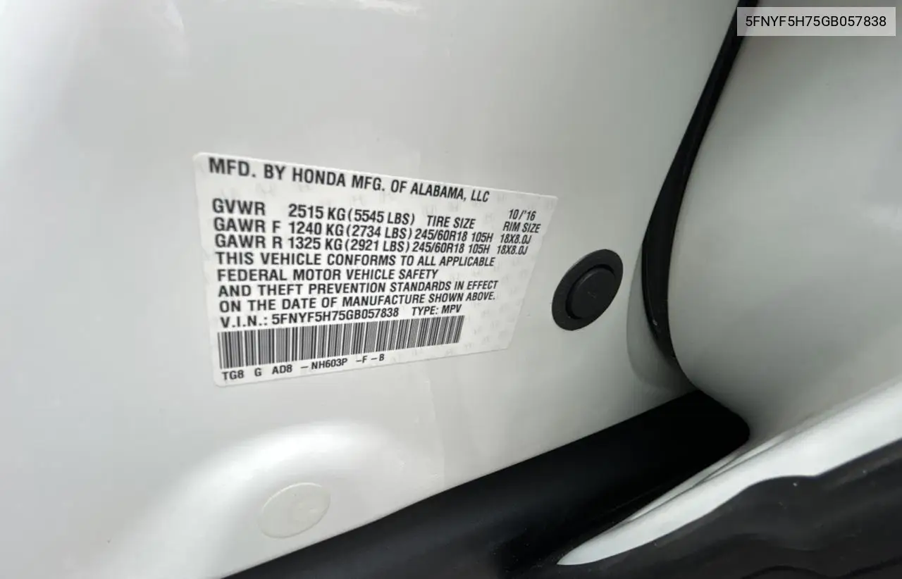 2016 Honda Pilot Exln VIN: 5FNYF5H75GB057838 Lot: 63280715