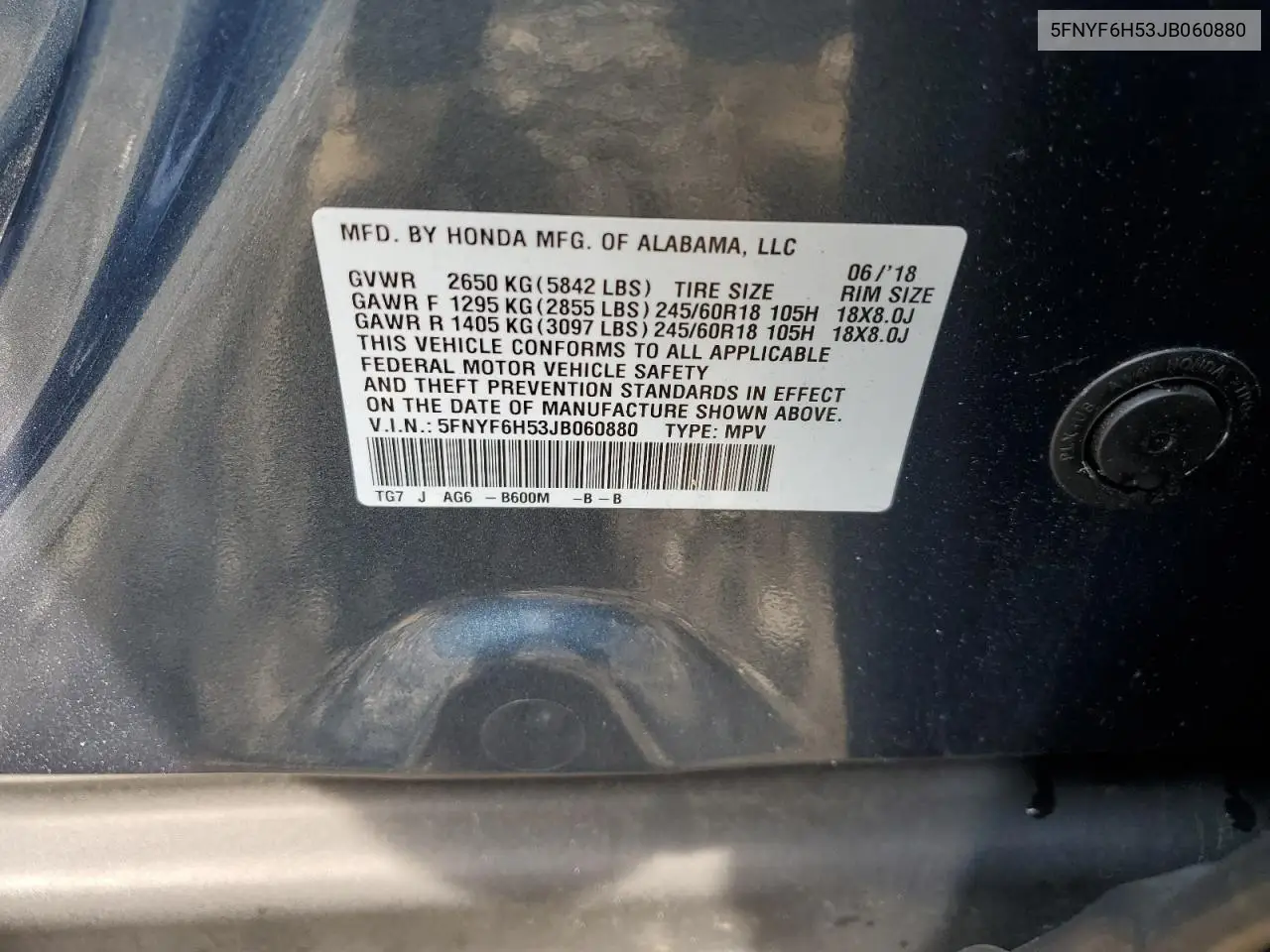 2018 Honda Pilot Exl VIN: 5FNYF6H53JB060880 Lot: 62911175