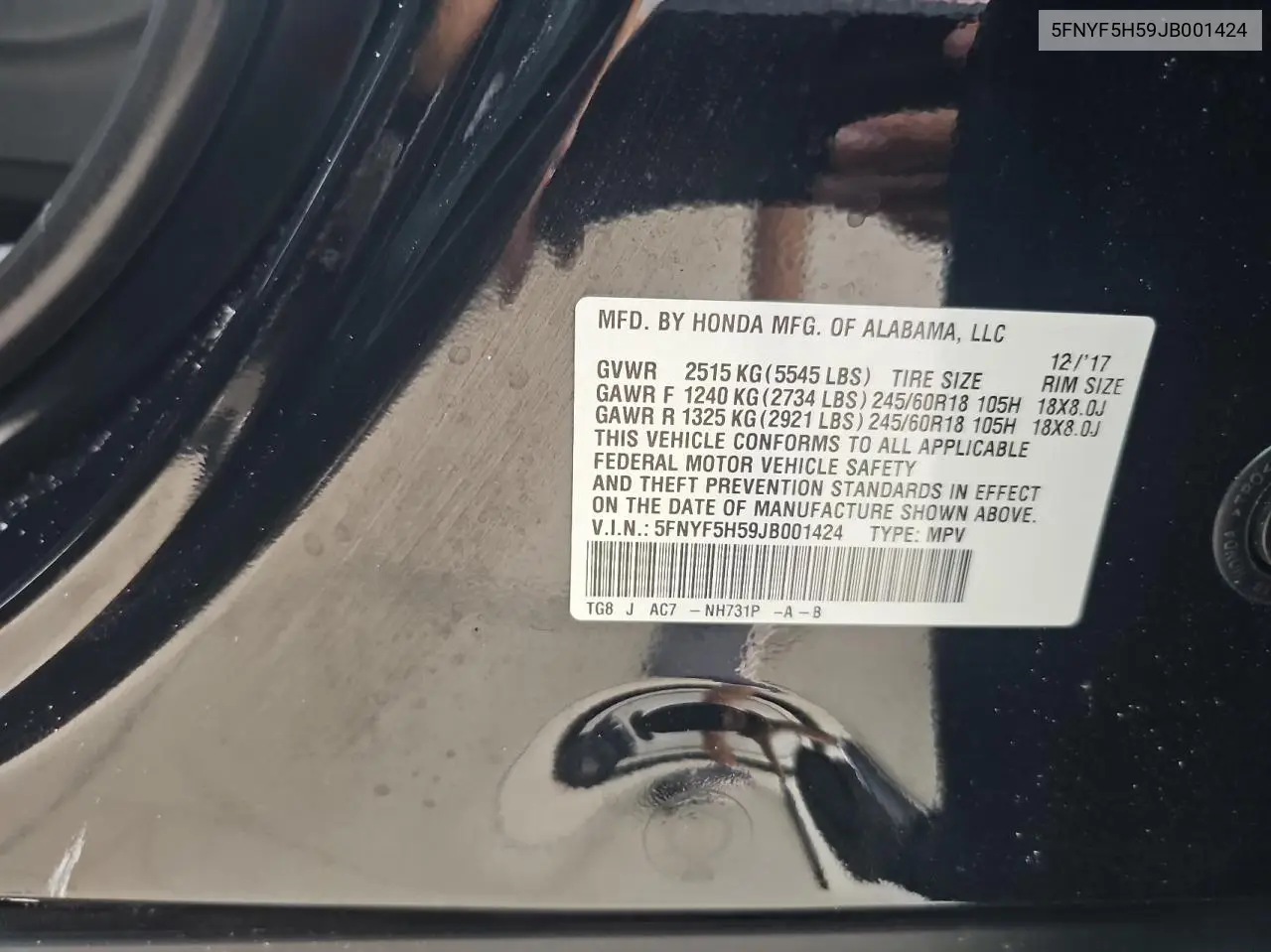2018 Honda Pilot Exl VIN: 5FNYF5H59JB001424 Lot: 63143615