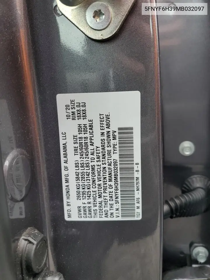 2021 Honda Pilot Ex VIN: 5FNYF6H39MB032097 Lot: 55502465