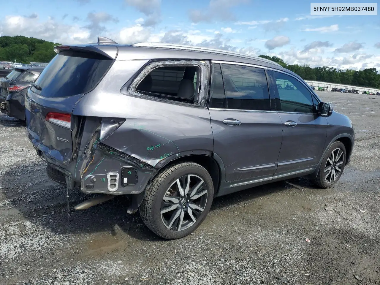 2021 Honda Pilot Touring VIN: 5FNYF5H92MB037480 Lot: 55726545