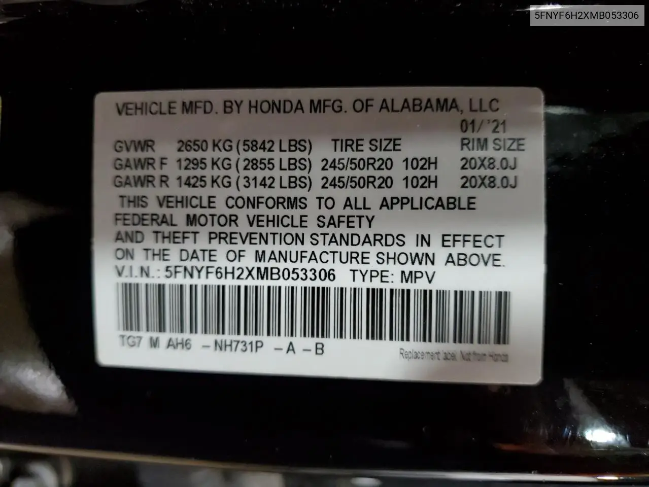 2021 Honda Pilot Se VIN: 5FNYF6H2XMB053306 Lot: 63093285