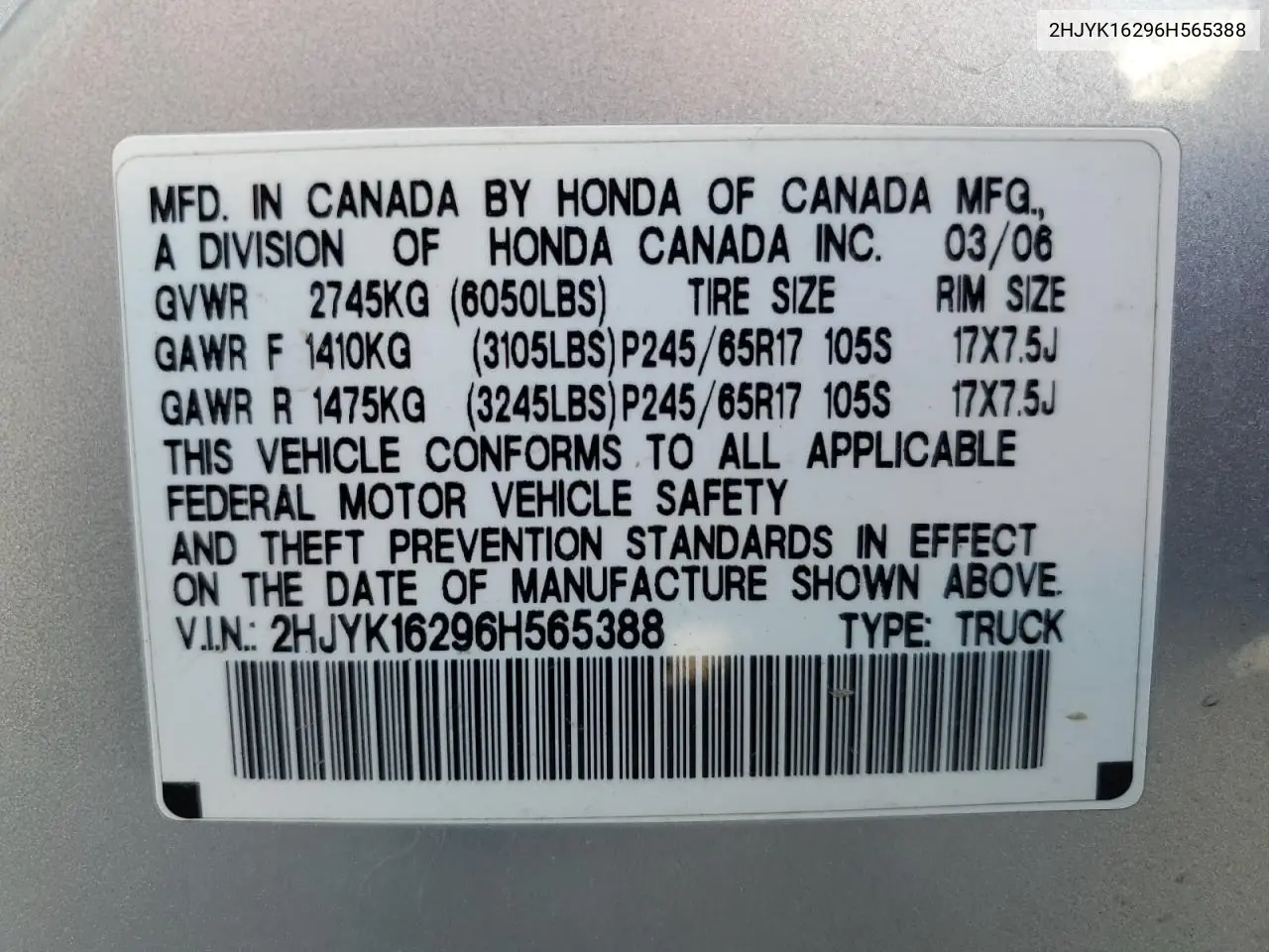 2006 Honda Ridgeline Rt VIN: 2HJYK16296H565388 Lot: 56490515