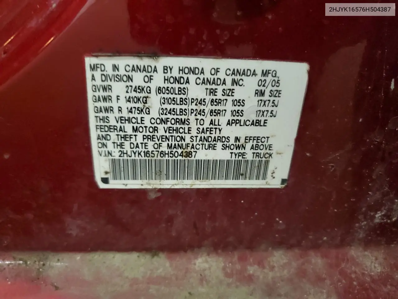 2006 Honda Ridgeline Rtl VIN: 2HJYK16576H504387 Lot: 62181795