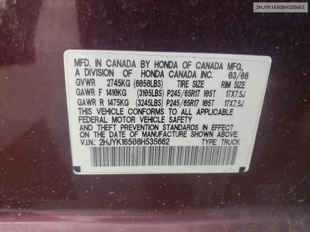 2008 Honda Ridgeline Rtl VIN: 2HJYK16508H535662 Lot: 56568505