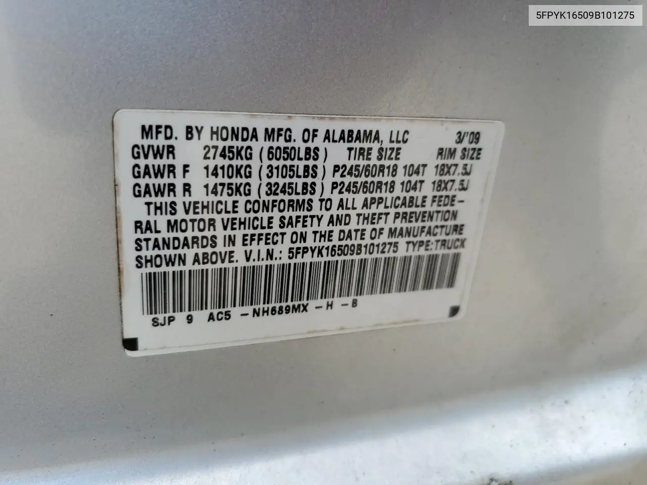 2009 Honda Ridgeline Rtl VIN: 5FPYK16509B101275 Lot: 63528145