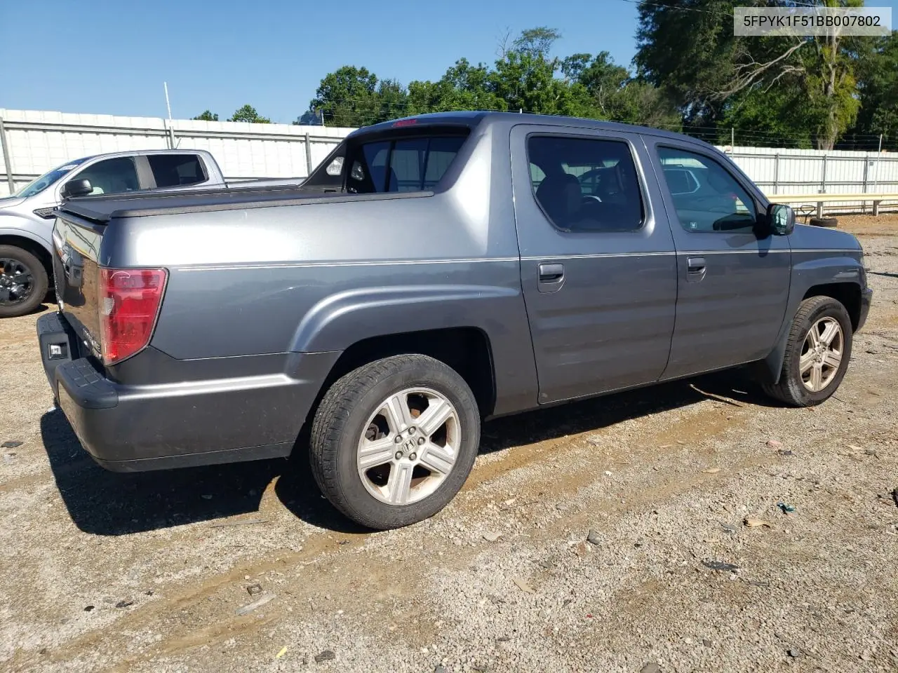 2011 Honda Ridgeline Rtl VIN: 5FPYK1F51BB007802 Lot: 63261935