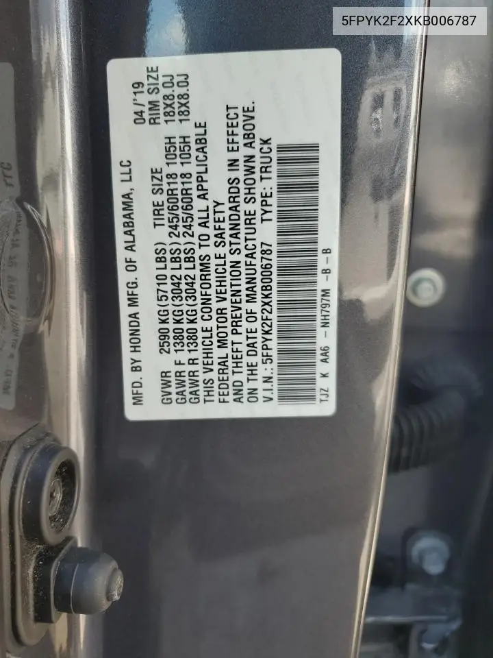 2019 Honda Ridgeline Rt VIN: 5FPYK2F2XKB006787 Lot: 60698245