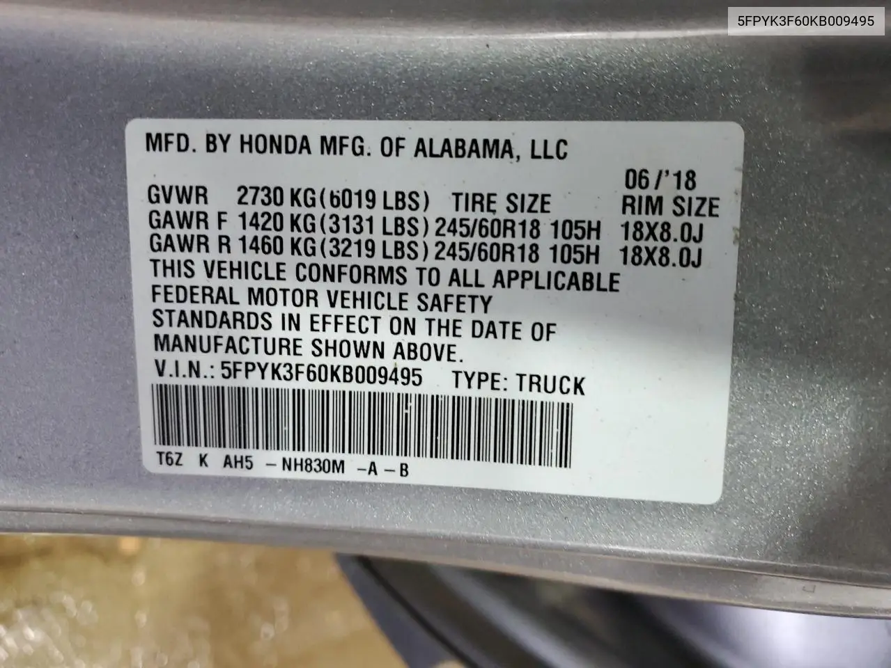 2019 Honda Ridgeline Rtl VIN: 5FPYK3F60KB009495 Lot: 61578405