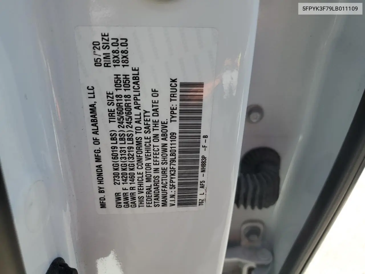 2020 Honda Ridgeline Rtl VIN: 5FPYK3F79LB011109 Lot: 56551735