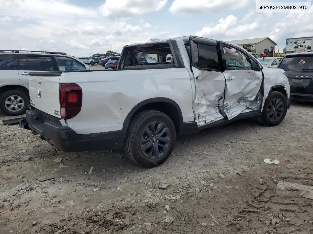 2021 Honda Ridgeline Sport VIN: 5FPYK3F12MB021915 Lot: 59967765