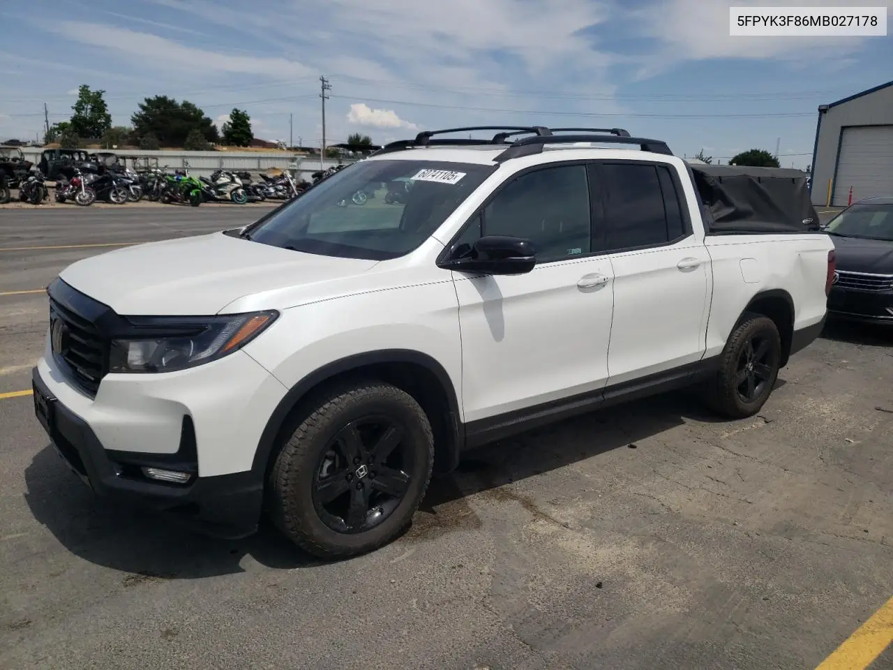 2021 Honda Ridgeline Black Edition VIN: 5FPYK3F86MB027178 Lot: 60741105