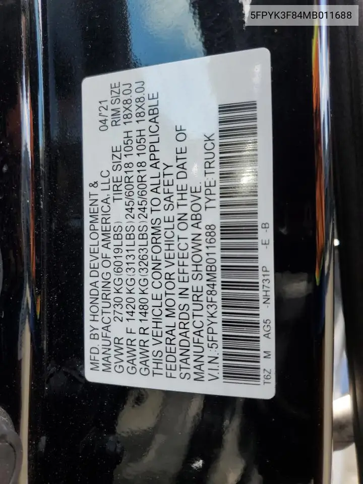 2021 Honda Ridgeline Black Edition VIN: 5FPYK3F84MB011688 Lot: 63341565