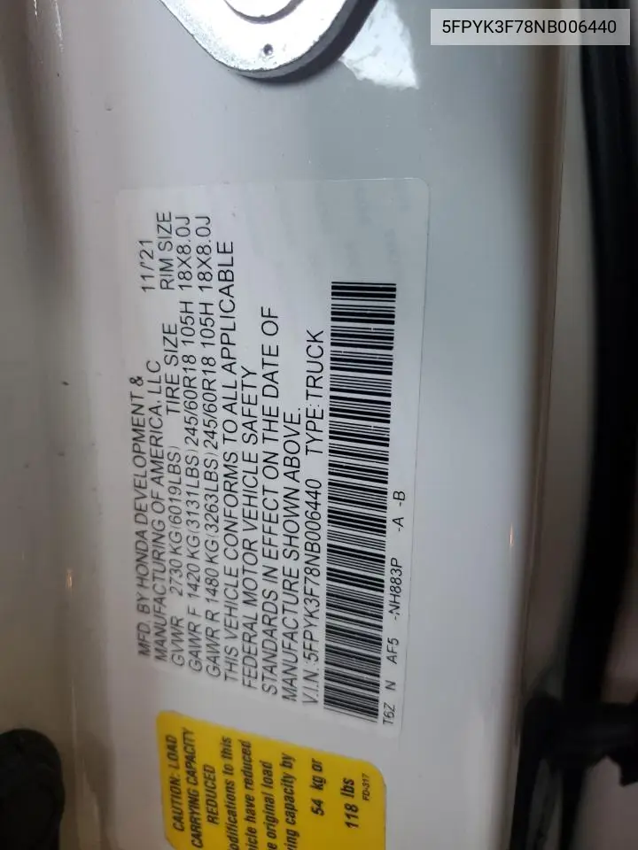 2022 Honda Ridgeline Rtl VIN: 5FPYK3F78NB006440 Lot: 63278805