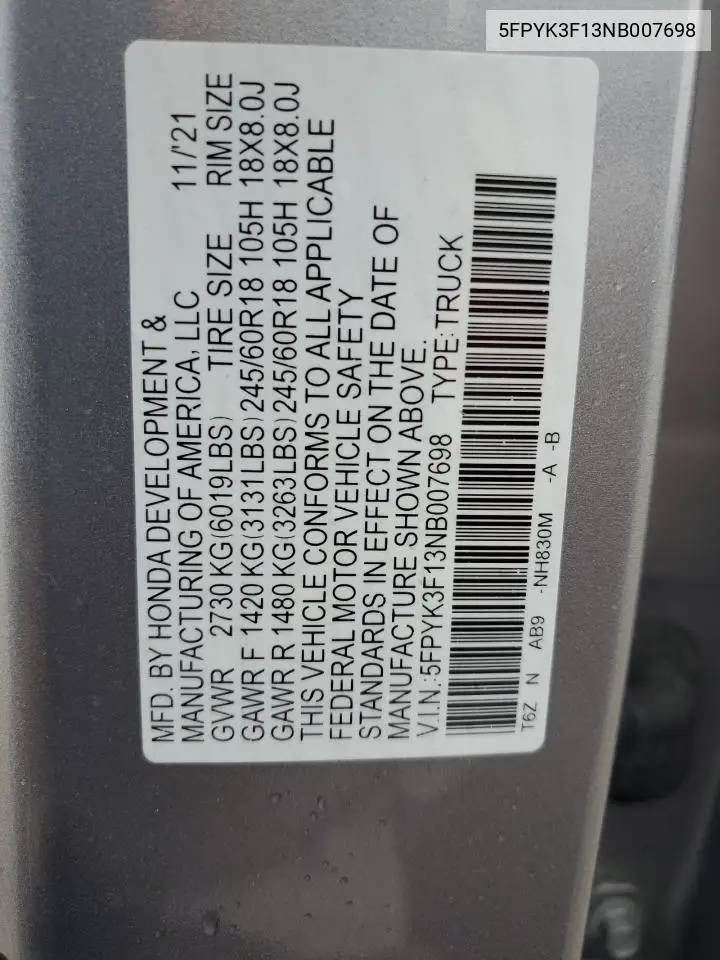 2022 Honda Ridgeline Sport VIN: 5FPYK3F13NB007698 Lot: 63811985