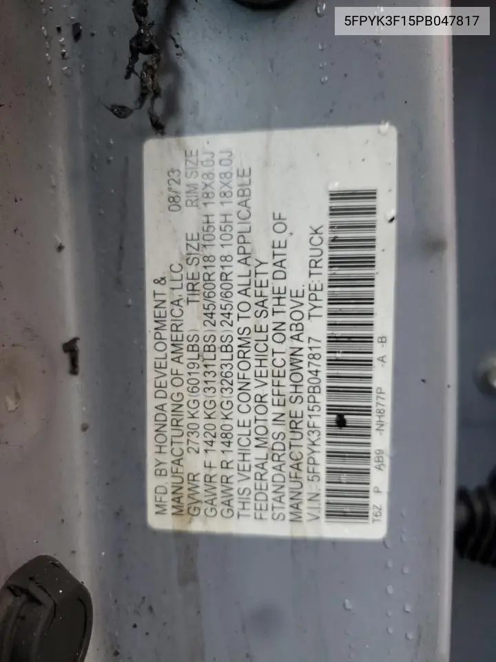 2023 Honda Ridgeline Sport VIN: 5FPYK3F15PB047817 Lot: 62422524