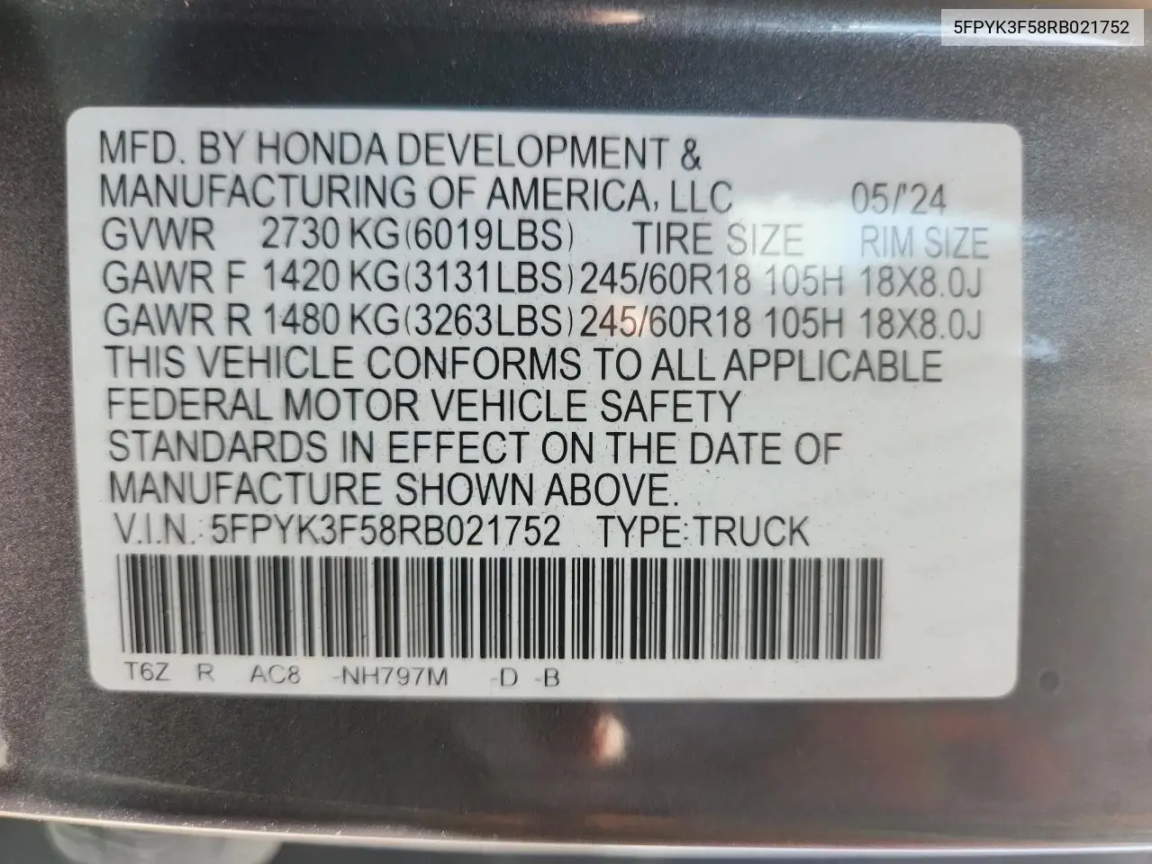 2024 Honda Ridgeline Rtl VIN: 5FPYK3F58RB021752 Lot: 62333325