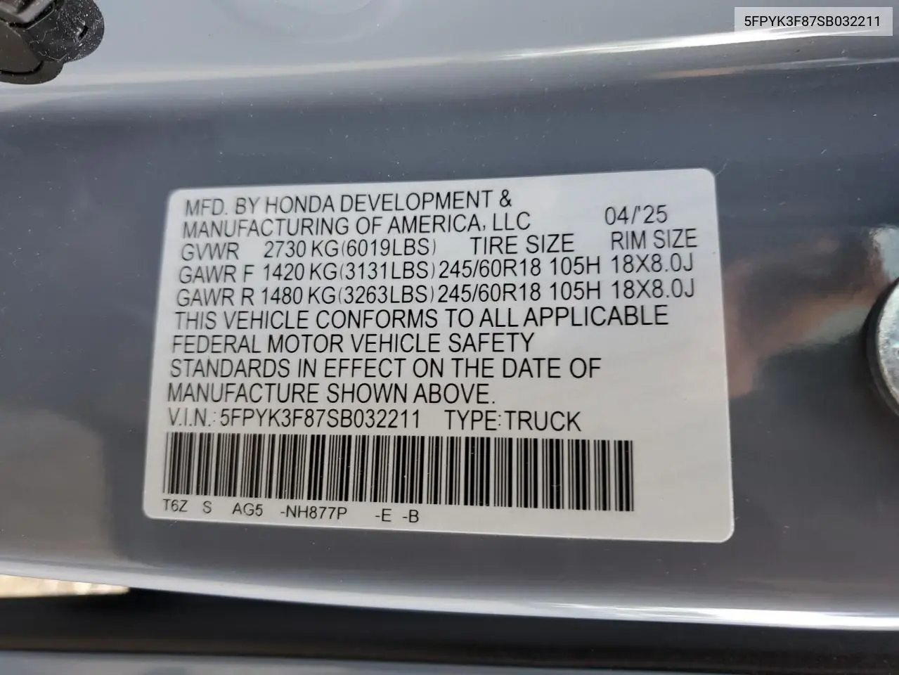 2025 Honda Ridgeline Black Edition VIN: 5FPYK3F87SB032211 Lot: 62021275