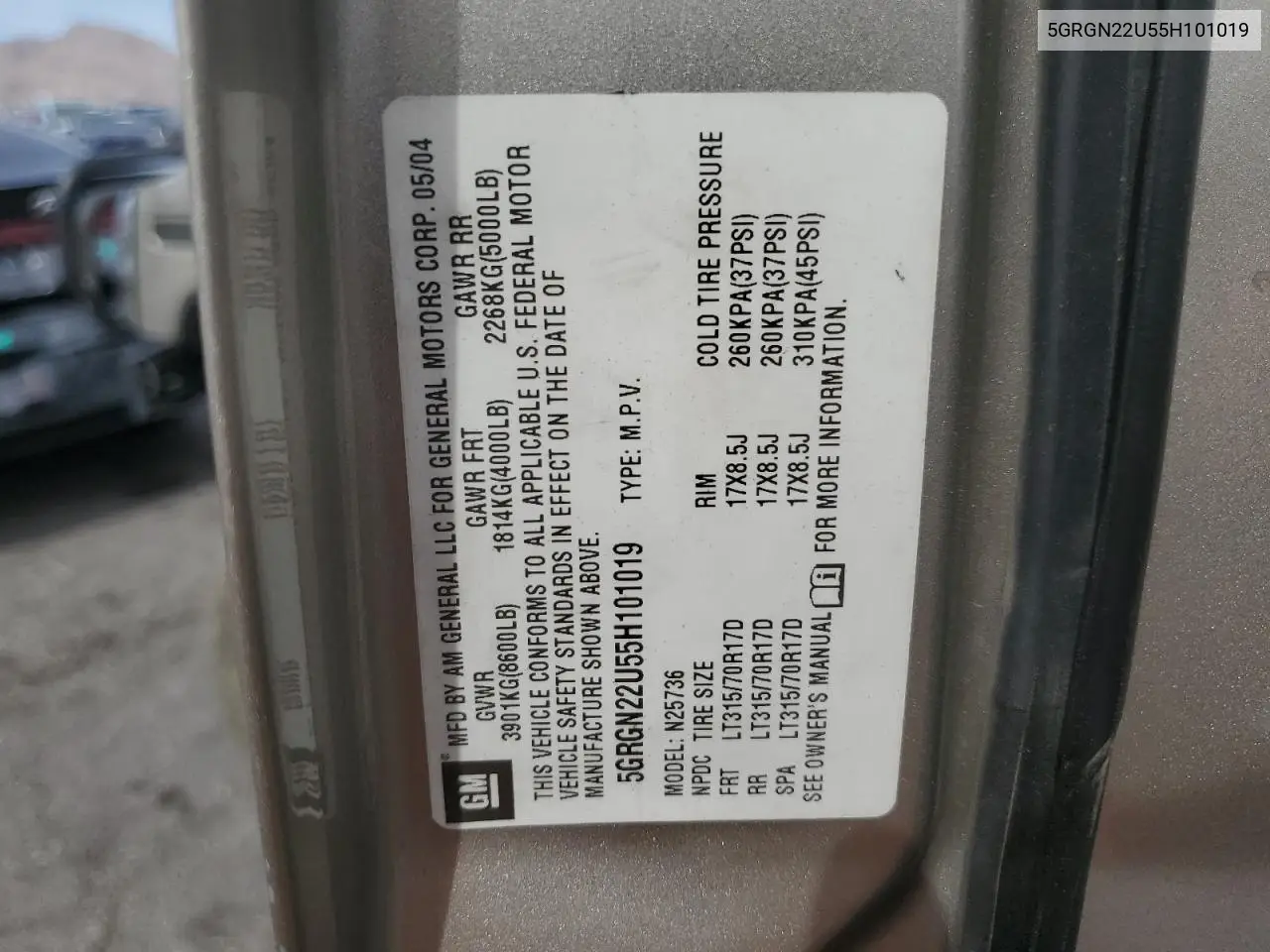 2005 Hummer H2 Sut VIN: 5GRGN22U55H101019 Lot: 53497115