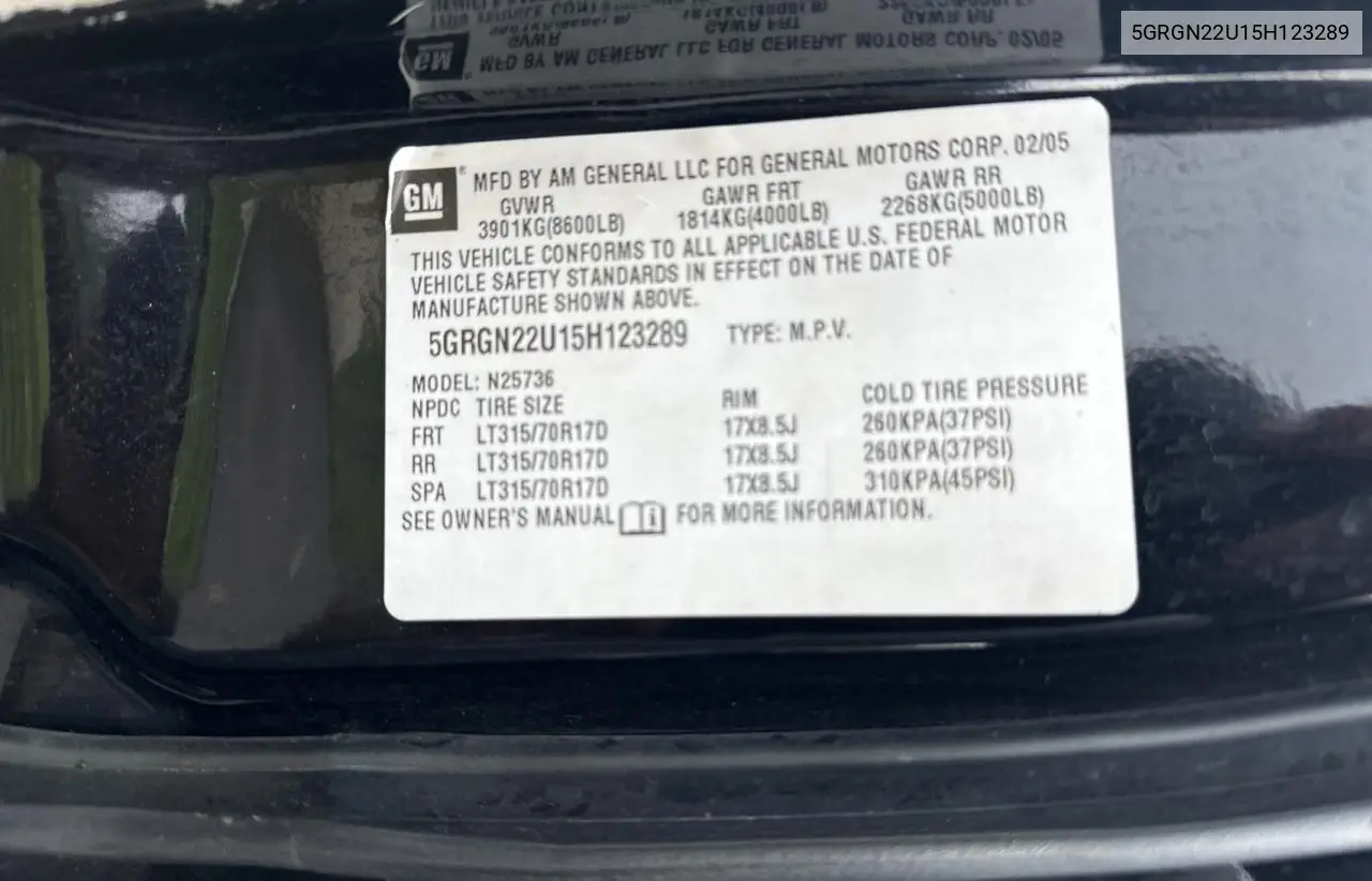 2005 Hummer H2 Sut VIN: 5GRGN22U15H123289 Lot: 55254575