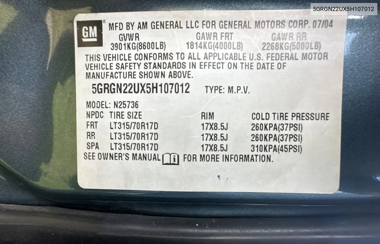 2005 Hummer H2 Sut VIN: 5GRGN22UX5H107012 Lot: 56375055