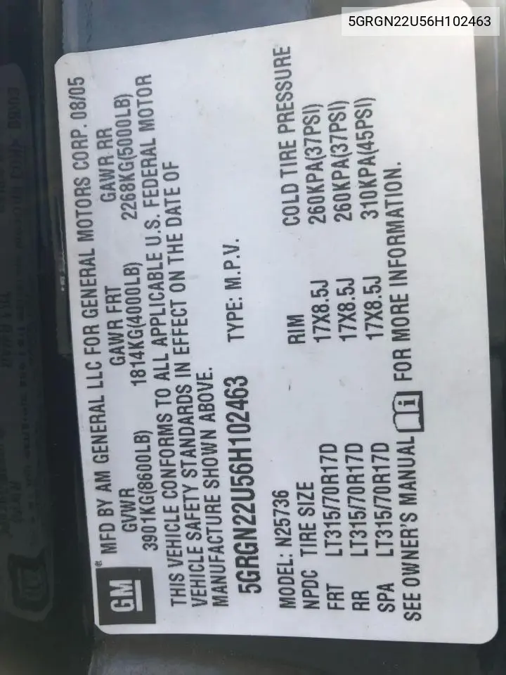 2006 Hummer H2 Sut VIN: 5GRGN22U56H102463 Lot: 54819425