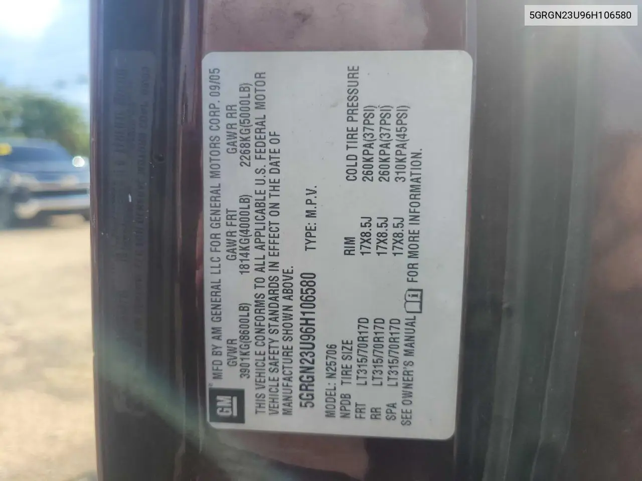 2006 Hummer H2 VIN: 5GRGN23U96H106580 Lot: 66244295
